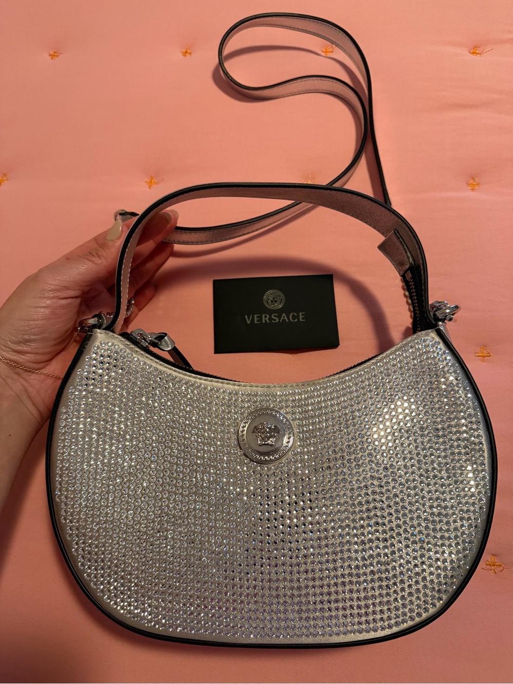 NEW Versace Silver Crystal-Embellished Crescent Shoulder Bag